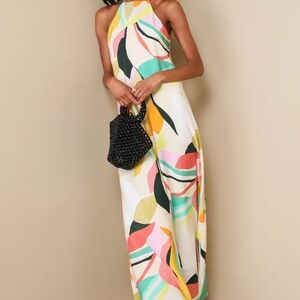 Lulus Wonderful Bliss Beige Multi Abstract Print Backless Maxi Dress NWOT